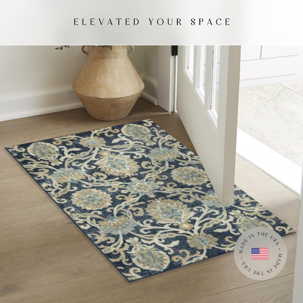 Blooming Damask Accent Rug, 34" x 20", Navy styled in a room