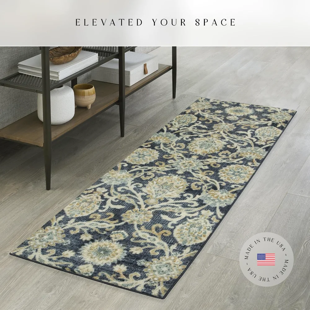 Blooming Damask Runner, 2' x 6', Navy, view 2