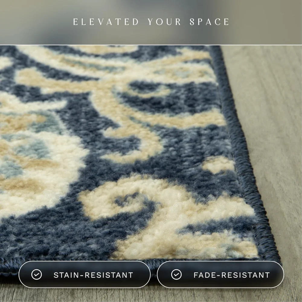 Blooming Damask Runner, 2' x 6', Navy, view 4