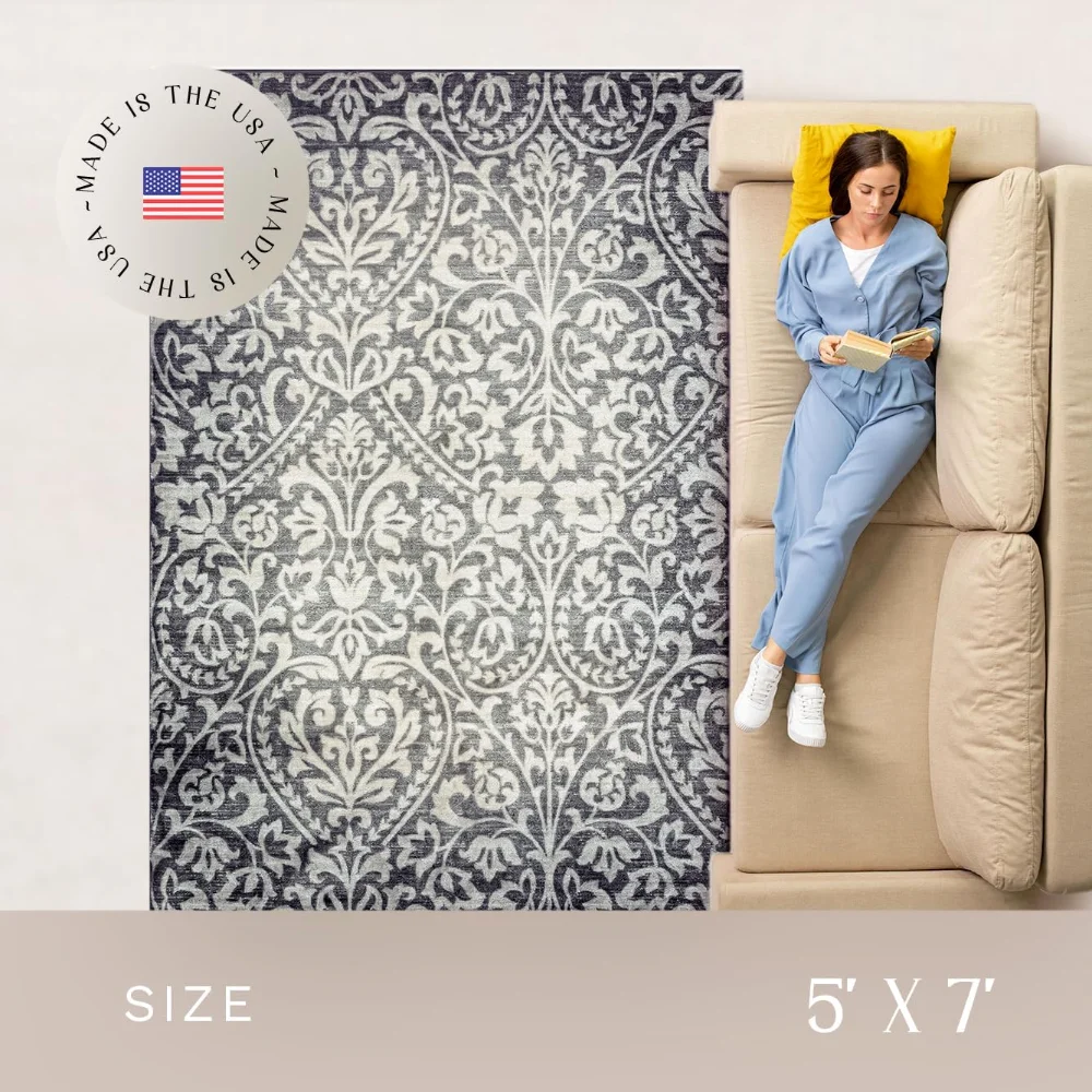 Exeter Floral Area Rug, 4'9" x 7', Grey, view 3