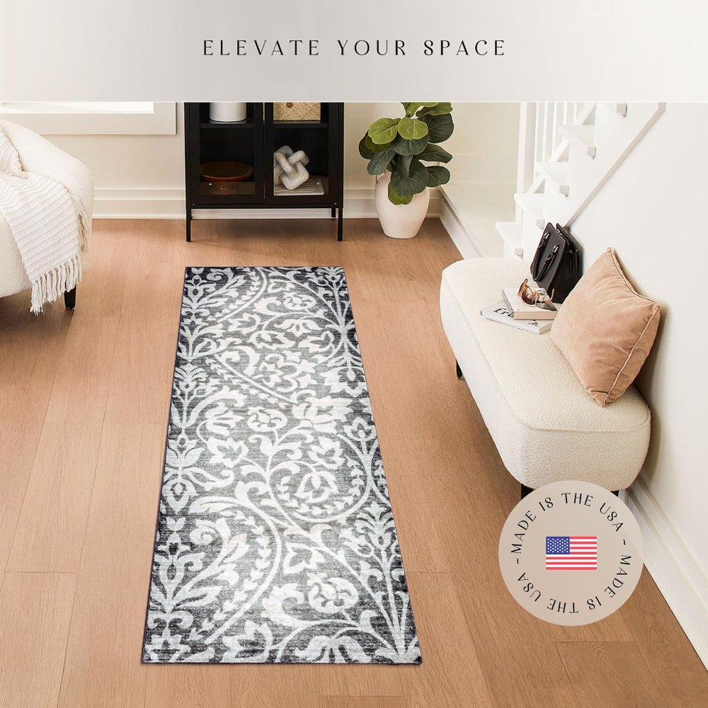Exeter Floral Runner, 2' x 6', Grey styled in a room