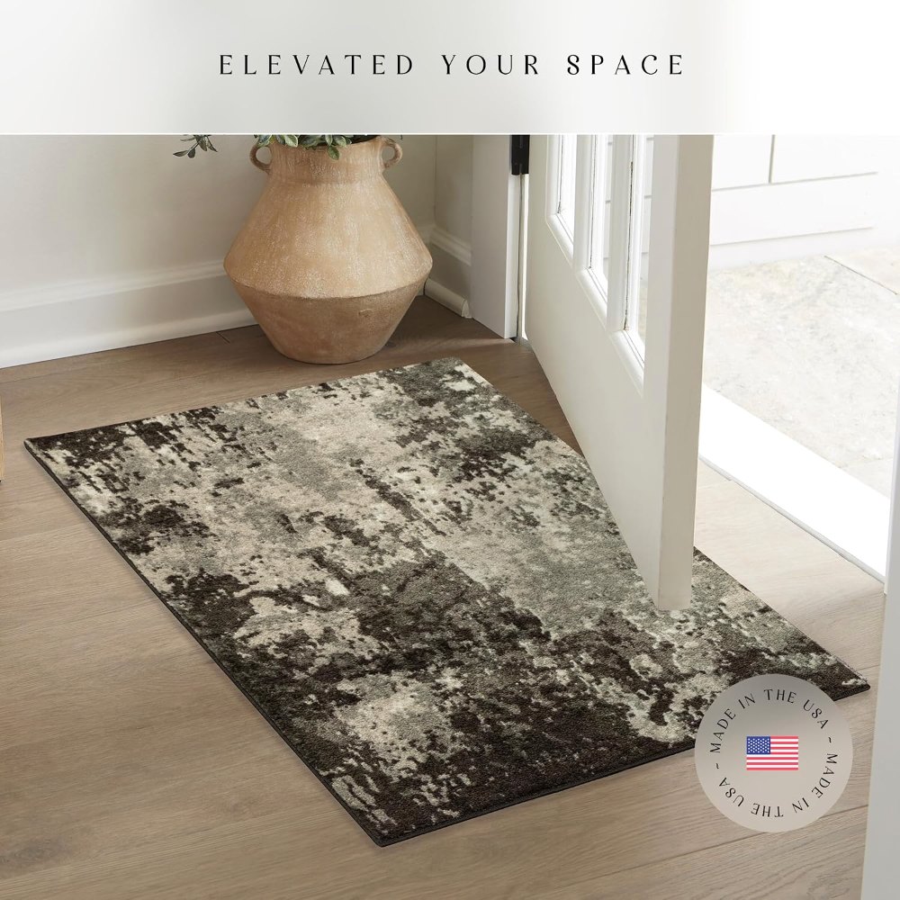 Horizon Modern Abstract Accent Rug, 1'8" x 2'10", Midnight Black styled in a room