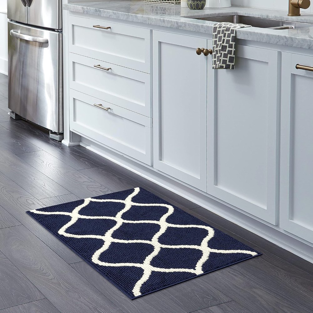 Rebecca Moroccan Trellis Area Rug, 34' x 20', Navy styled in a room