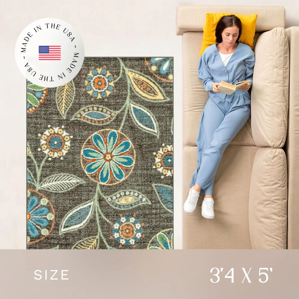 Reggie Floral Pet Mat, 3'4" x 5', Dark Grey, view 3