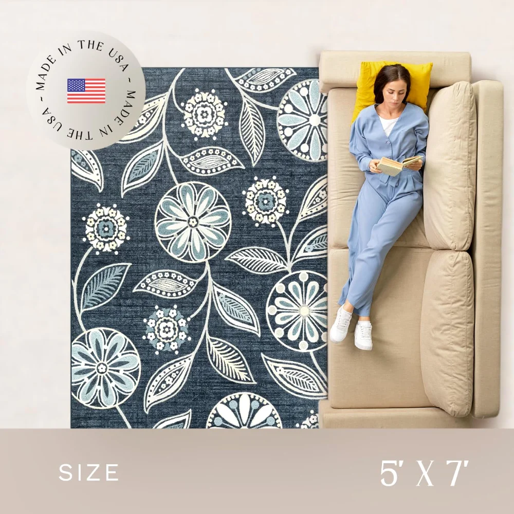 Reggie Floral Pet Mat, 4'9" x 7', Blue, view 4