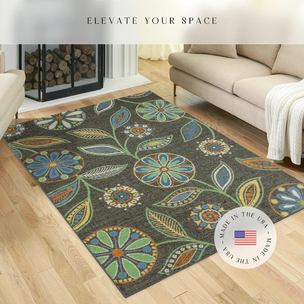 Reggie Floral Pet Mat, 4'9" x 7', Dark Grey, view 2