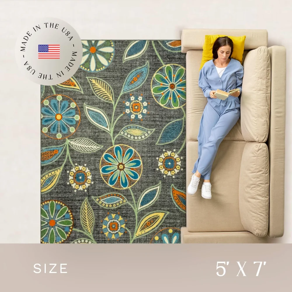 Reggie Floral Pet Mat, 4'9" x 7', Dark Grey, view 3